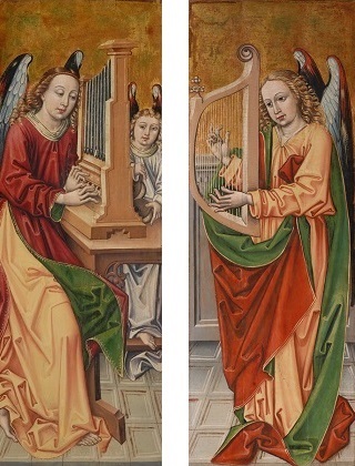 B.E. mester: Angyal orgonával és hárfával, 1494, tempera és arany, fa, 100 x 36,5 cm, Keresztény Múzeum, Esztergom Fotó: Mudrák Attila, Keresztény Múzeum, Esztergom